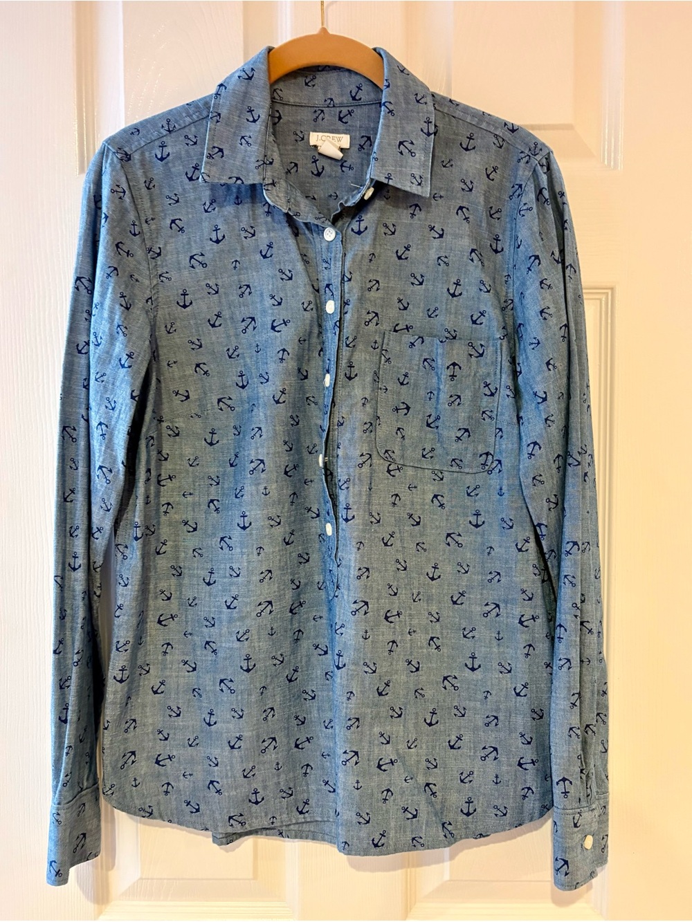 J.CREW Women’s Blue Anchor Print pullover Button Shirt Long Sleeve Size S